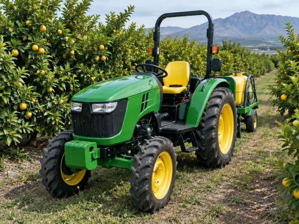 John Deere orchard tractors on a farm
